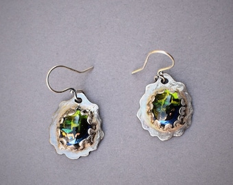 Fine silver dangle,drop earrings with dichroic glass cabochons. Hand fabricated by Valentina Plishchina