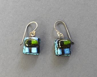 Fused glass earrings. Colorful dichroic glass jewelry. Sparkling blue green earrings