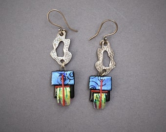 Silver dangle drop freeform earrings with fused iridescent art glass