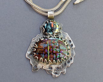 Silver artisan pendant with glass cabochon. hand fabricated PENDANT Artisan jewelry by Valentina Plishchina