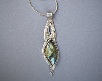 Silver artisan pendant with Labradorite cabochon. hand fabricated PENDANT Artisan jewelry by Valentina Plishchina