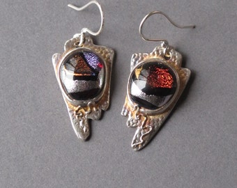 Silver Earrings--"Mystic Red "--handcrafted recycled fine silver dangle earrings with dichroic glass cabochons