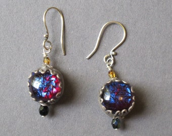 Silver Earrings--"Purple Light "--handcrafted recycled fine silver dangle earrings with dichroic glass cabochons
