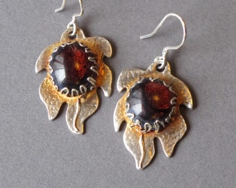 Silver Earrings--"Gold Flames"--handcrafted recycled fine silver dangle earrings with dichroic glass cabochons