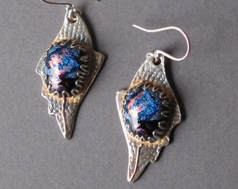 Silver Earrings--"Cosmic Blue"--handcrafted recycled fine silver dangle earrings with dichroic glass cabochons