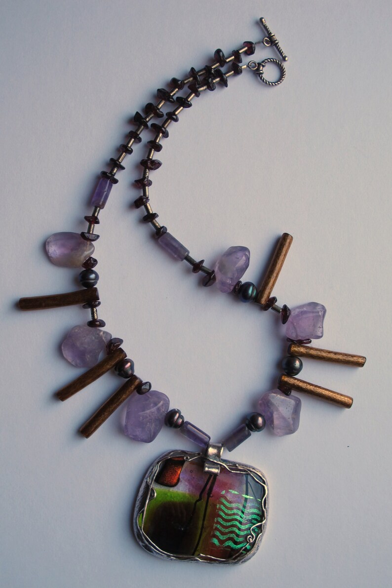 Necklace Japan with dichroic glass and semiprecious stones,pure silver, pmc, dichroic glass image 4