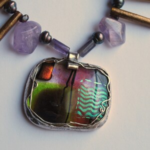 Necklace Japan with dichroic glass and semiprecious stones,pure silver, pmc, dichroic glass image 3