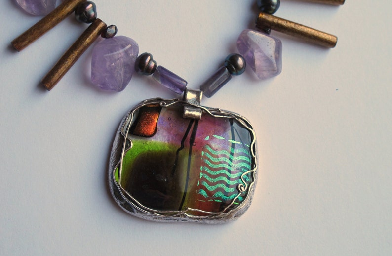 Necklace Japan with dichroic glass and semiprecious stones,pure silver, pmc, dichroic glass image 3