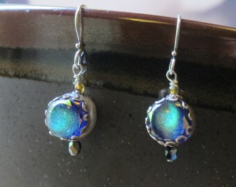 Silver Earrings--"Blue Light "--handcrafted recycled fine silver dangle earrings with dichroic glass cabochons