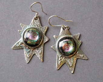 Silver Earrings--"Morning Star "--handcrafted recycled fine silver dangle earrings with dichroic glass cabochons