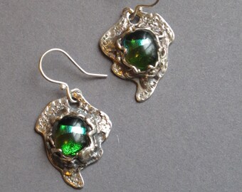 Silver Earrings--"Forest Green "-- recycled pure silver dangle earrings with dichroic glass cabochons