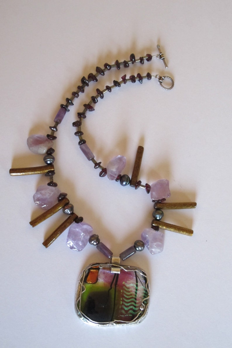 Necklace Japan with dichroic glass and semiprecious stones,pure silver, pmc, dichroic glass image 5