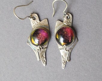 Silver Earrings--"Wine Flames"--handcrafted recycled fine silver dangle earrings with dichroic glass cabochons