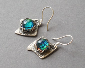 Silver Earrings--"Blue Water"--handcrafted recycled fine silver dangle earrings with dichroic glass cabochons