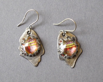 Silver Earrings--"Mystic Sunset "--handcrafted recycled fine silver dangle earrings with dichroic glass cabochons