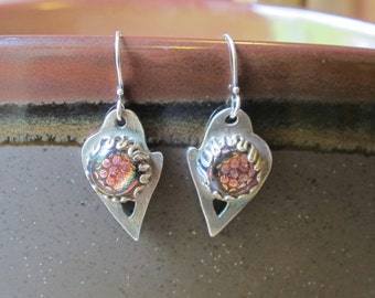 Silver Earrings--"Mystic Hearts "--handcrafted recycled fine silver dangle earrings with dichroic glass cabochons