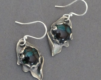 Silver Earrings--"Green Summer "--handcrafted recycled fine silver dangle earrings with dichroic glass cabochons