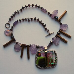 Necklace Japan with dichroic glass and semiprecious stones,pure silver, pmc, dichroic glass image 2