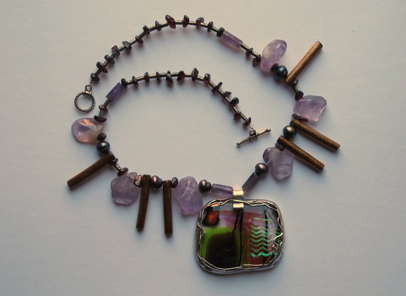 Necklace Japan with dichroic glass and semiprecious stones,pure silver, pmc, dichroic glass 画像 2