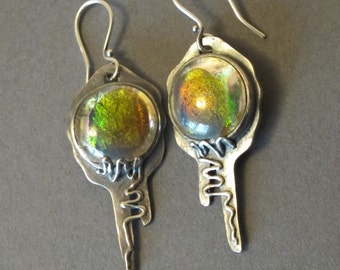 Silver Earrings--"Morning Sky "--handcrafted recycled fine silver dangle earrings with dichroic glass cabochons