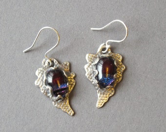 Silver Earrings--"Blue Night"--handcrafted recycled fine silver dangle earrings with dichroic glass cabochons