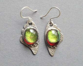 Silver Earrings--" Liquid Honey"--handcrafted recycled fine silver dangle earrings with dichroic glass cabochons