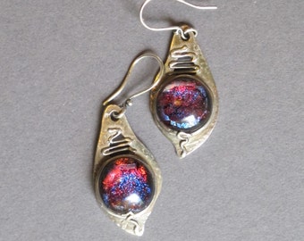 Silver Earrings--"Cosmic Purple"--handcrafted recycled fine silver dangle earrings with dichroic glass cabochons