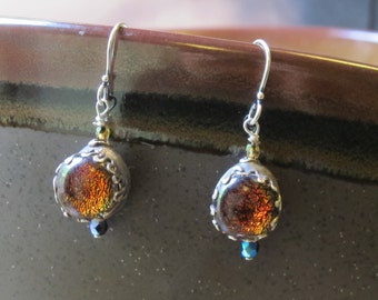 Silver Earrings--"Golden Brown "--handcrafted recycled fine silver dangle earrings with dichroic glass cabochons