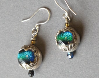 Silver Earrings--"Green Light "--handcrafted recycled fine silver dangle earrings with dichroic glass cabochons