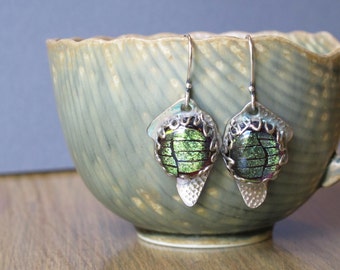 Silver Earrings--"Green Fantasy"--handcrafted recycled fine silver dangle earrings with dichroic glass cabochons