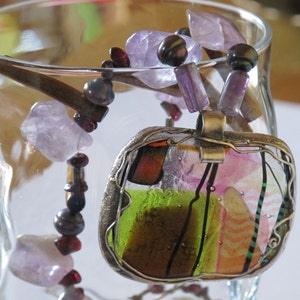 Necklace Japan with dichroic glass and semiprecious stones,pure silver, pmc, dichroic glass image 1