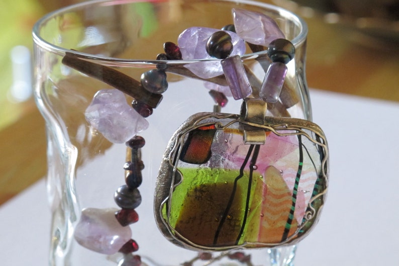 Necklace Japan with dichroic glass and semiprecious stones,pure silver, pmc, dichroic glass image 1