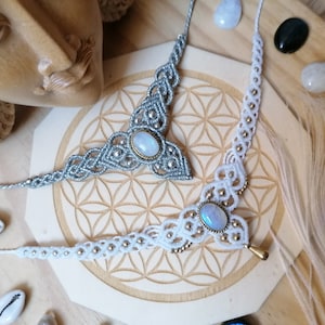 Crystal macrame necklace with moonstone. Silver or white choker with oval stone. Wicca jewelry with white gemstone.