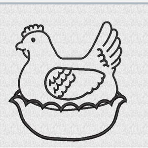 May include: A black and white line drawing of a hen sitting in a nest. The hen has a detailed comb, eye, and wing. The nest is a scalloped bowl shape. The image is a simple, clean design.