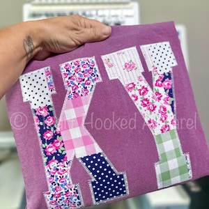 State Applique Custom Comfort Color T-shirt, (please look at all photos) embroidery wife, teacher. Trendy, patch work