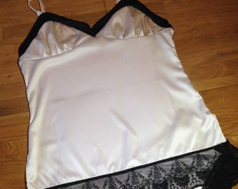 Womens white lingerie set ~ White satin & black lace camisole set ~ Matching Boyshort ~ Sizes UK10 - 22 ~ Ladies Underwear gifts for her