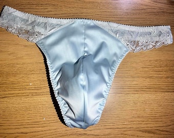 Men’s light blue satin & white lace thong. Mens satin thong. Lacy men’s underwear. Available in sizes, S, M,L,XL. Handmade in UK