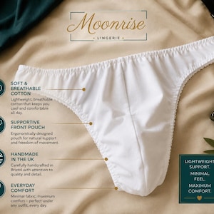 String en coton blanc pour homme, poche en jersey, confortable et offrant un bon maintien, minimaliste, idéal au quotidien, fait main au Royaume-Uni. Lingerie