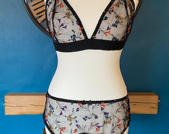 Floral Embroidered Black Mesh Suspender Belt – Handmade Lingerie
