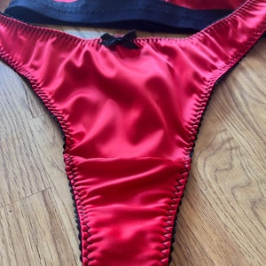 Stunning scarlet red satin womens thong, sizes UK6 - UK22. Valentines gift for her. Ladies underwear made in the uk up to plus size