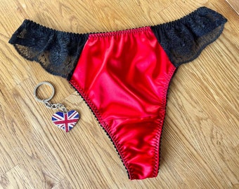 Ladies scarlet red satin & black lace thong in sizes uk8 - uk22 with sheer back by Moonrise Lingerie. Ideal Valentines gift for her.