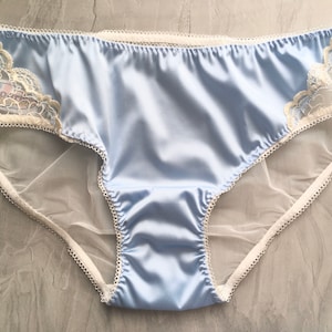 Something Blue Satin Bridal Brief with Ivory lace panelling in sizes uk8 - plus size uk22 with sheer mesh back and rouching detailing