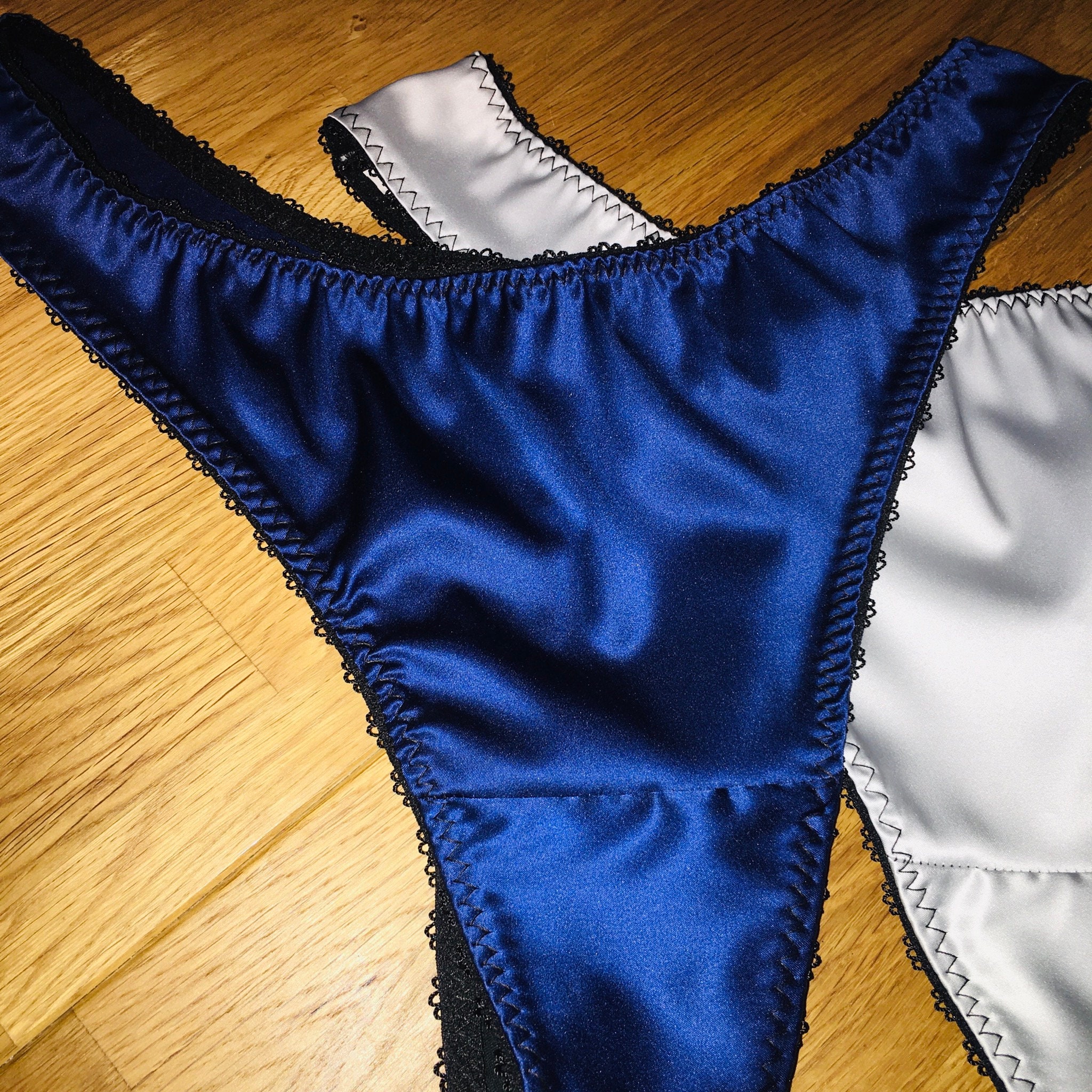 Womens Underwear Set Navy Blue & Silver Satin Thong Set Plus Size