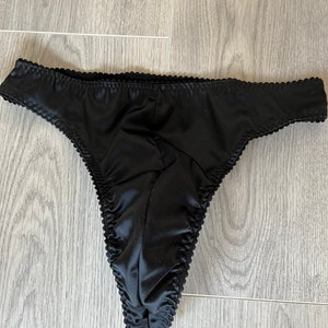 Mens underwear. Black satin thong lined with satin gusset. Mans thong. Sexy briefs. Available in S, M, L and XL.