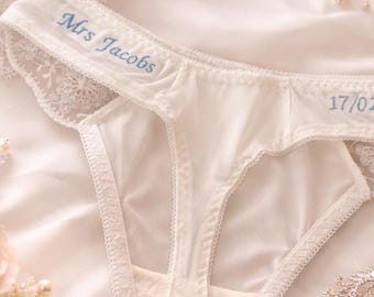 Personalised Bridal Lingerie Satin Thong ~ Custom Embroidered Named Wedding Day Thong