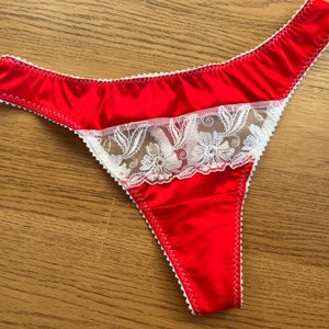 Scarlet Red satin Bella with lace womens thong, available up to plus sizes UK6-UK22. Handmade in the UK