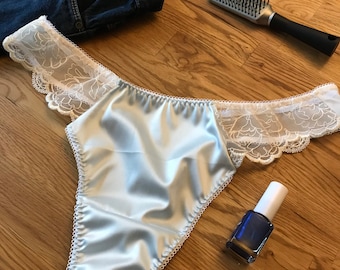 Wedding underwear something blue womens satin lingerie thong with ivory lace side panel. Bridal lingerie up to plus sizes uk6 - uk22