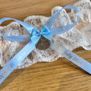 Lucky Sixpence Wedding Garter Something Blue. Keepsake ivory bridal garter with bridal charm. Personalised wedding gift. (Lace may vary).