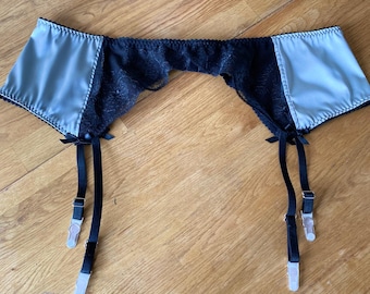Handmade Silver Satin Suspender Belt: Black Floral Lace Garter, Plus Size