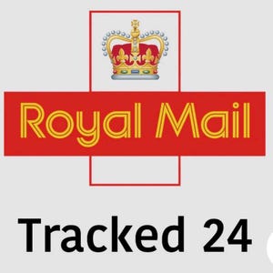 May include: A graphic logo featuring a stylized gold and red crown positioned above a red horizontal rectangle containing the yellow text Royal Mail. Below this, the black text Tracked 24 is displayed on a plain light gray background.